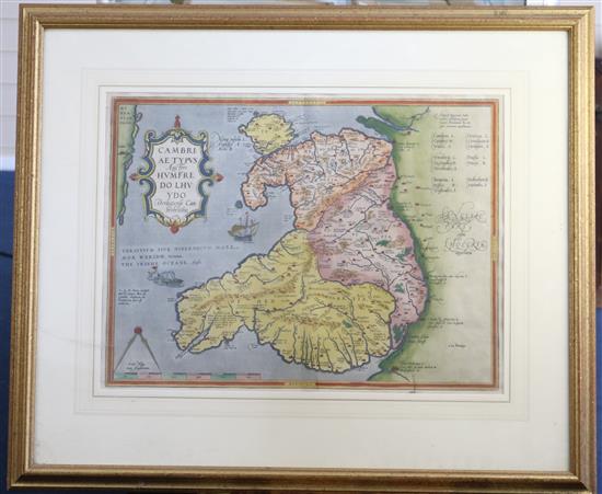 Abraham Ortelius and Humphrey Lluyd Map of Wales Cambriae Typus, 1579, first date with latin text 14.5 x 19.5in.